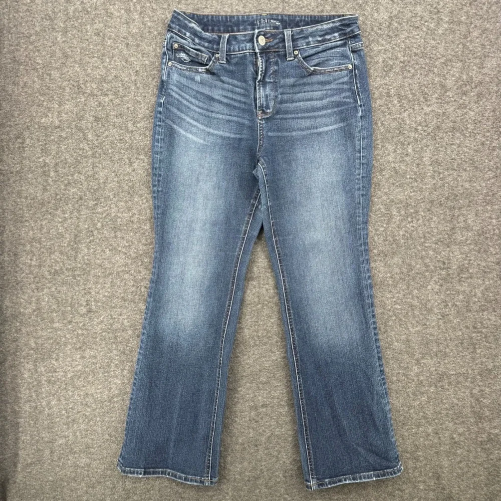 Time and Tru Womens High Rise Bootcut Distressed Jeans Blue Size 10 Petite Ankle